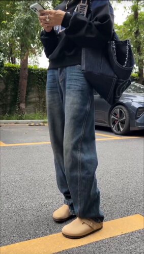 欧洲站女牛仔裤高腰显瘦不规则阔腿直筒裤欧货春季新款2025潮包邮