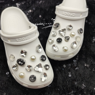 银色之镜~重工满钻钻石珍珠鞋花适配crocs黑色洞洞鞋装饰鞋扣