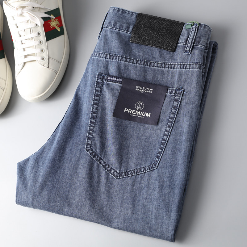 2025高品质夏天新款裤子 弹力水洗舒适薄 薄款男士直筒蓝色牛仔裤