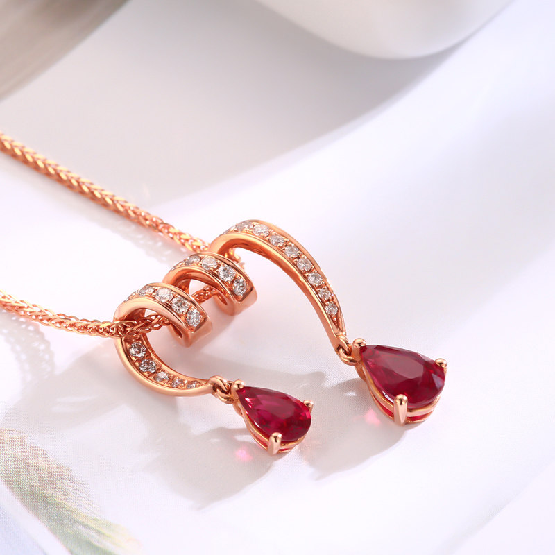 带证书18K黄金玫瑰金天然红宝石吊坠彩金Au750水滴钻石项坠女时尚