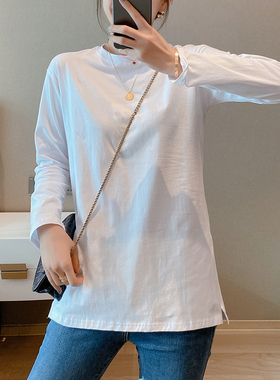 秋装2023年新款白色宽松T恤女大码中长款纯棉长袖T恤裙开叉上衣女