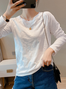 2025春夏韩版chic新款白色长袖T恤女竹节纯棉宽松百搭纯色打底衫