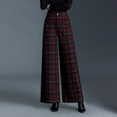 长裤 秋冬新款 毛呢高腰高级感宽腿裤 复古安哥拉红格子阔腿裤 休闲裤