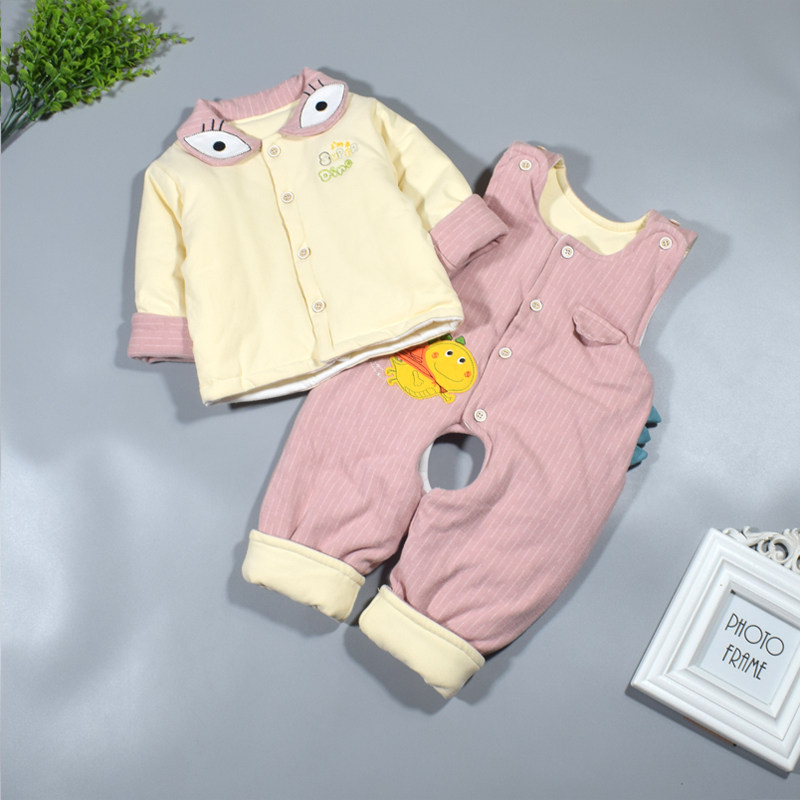 春秋冬婴儿薄棉衣套装纯棉3-6月1岁宝宝薄棉翻领棉袄背带裤两件套