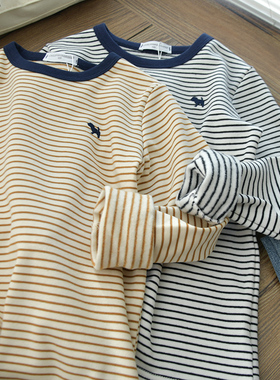 内里微抓绒~男童女童起绒磨毛中厚条纹打底内衣儿童圆领长袖t恤