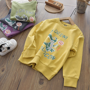 男童长袖纯棉卫衣黄色紫色套头运动衫中大童儿童春秋卡通鳄鱼T恤