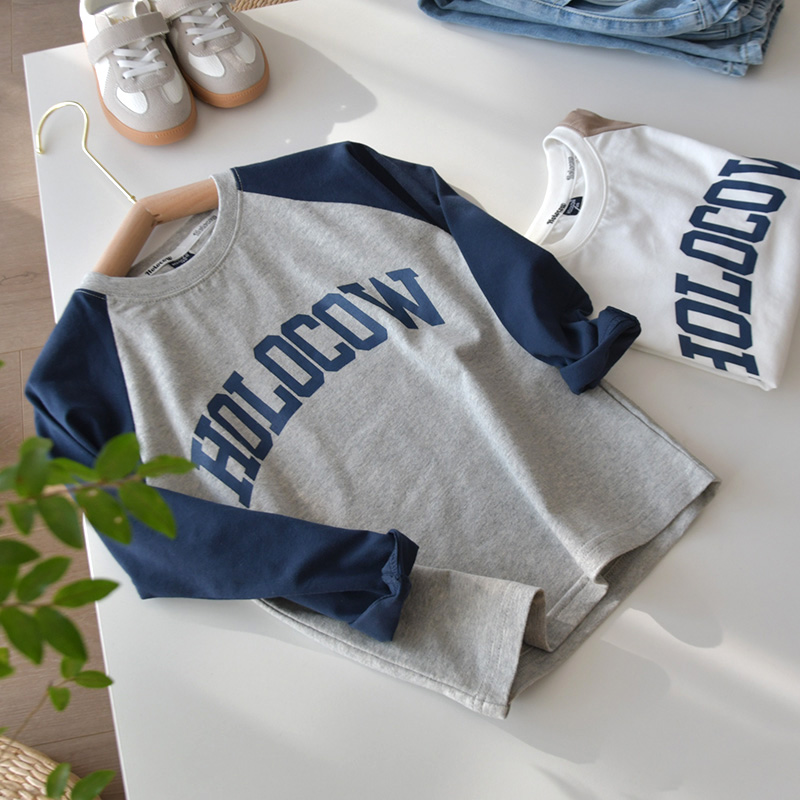 男童插肩拼色字母长袖T恤韩版儿童休闲圆领打底衫中大童110-170