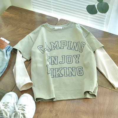 日系复古男童拼色假两件长袖T恤宽松街舞中大小儿童休闲上衣tee