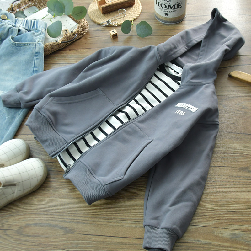 儿童薄绒毛圈纯棉运动男孩百搭卫衣男童拉链连帽洋气拉绒休闲外套