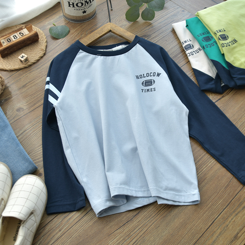男童插肩拼色长袖T恤韩版儿童休闲圆领软糯弹力打底衫上衣中大童