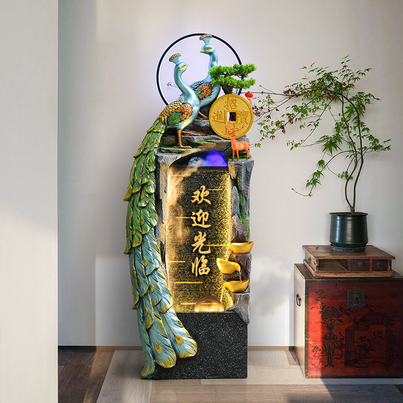 孔雀风水轮办公室内客厅玄关装饰流水喷泉落地摆件加湿器招财景观