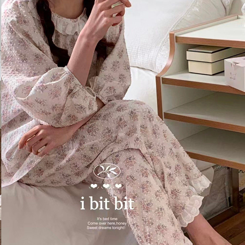 温婉可人ins素色碎花薄纱棉质花边蕾丝娃娃衫减龄睡衣套装睡裙