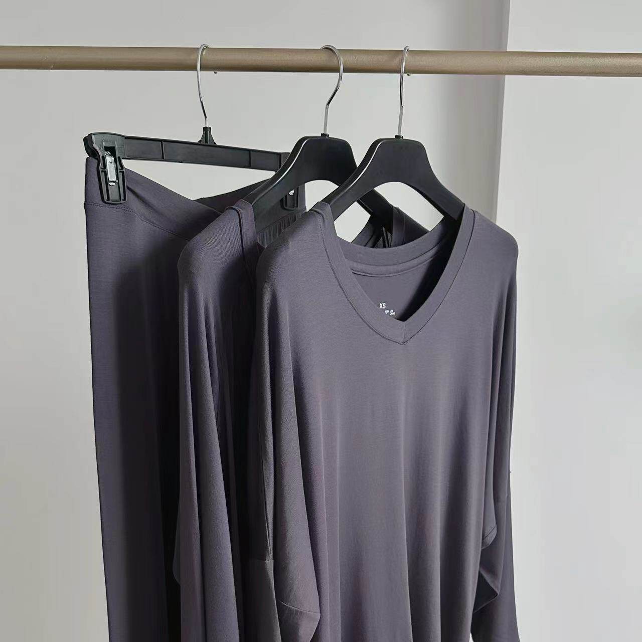 欧美单 简约纯色透气舒适休闲家居服睡衣套装连衣裙女