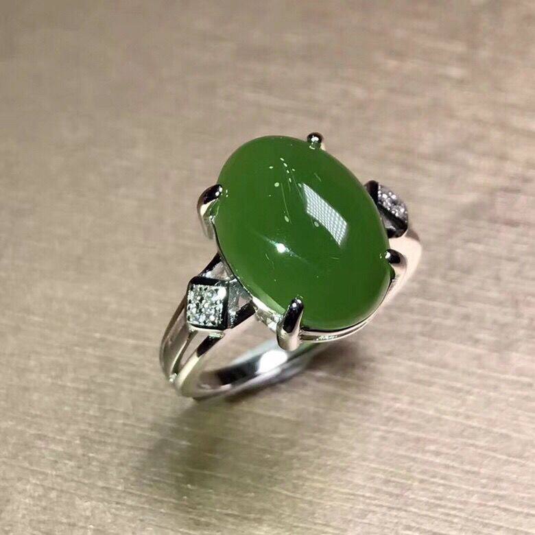 保真天然和田玉戒指真品玉石银镶嵌碧玉戒指女款简约戒指指环包邮