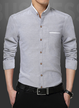 灰色小立领衬衫男长袖早秋季中山装撞色拼接大码中式无圆领衬衣土