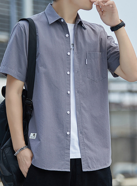 浅灰色衬衫男短袖夏季薄款绣标称衣休闲大码工装口袋纯棉衬衣半袖