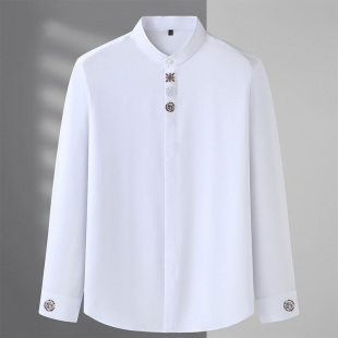 大码 小立领衬衫 刺绣改良中山装 春季 胖子300斤宽松衬衣圆领 男长袖