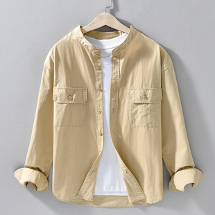 卡其色小立领男士衬衫长袖纯棉双口袋春秋季圆领无领占领中山衬衣