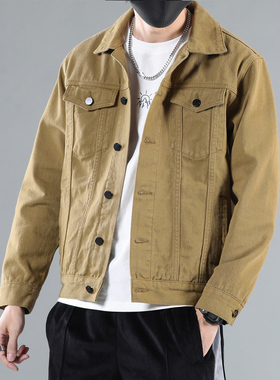 牛仔男款外套春秋款薄军黄色潮牌翻领大码痞帅水洗休闲双口袋夹克