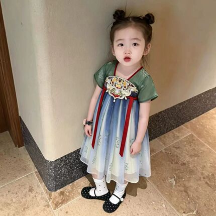 梦奇鸽女童唐制汉服夏季薄款超仙中国风短袖连衣裙古风舞台表演