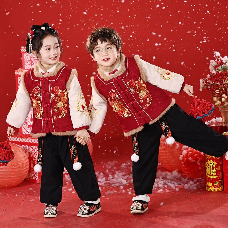 男女童加绒加厚拜年服儿童唐装秋冬国风喜庆过年演出服中国风套装