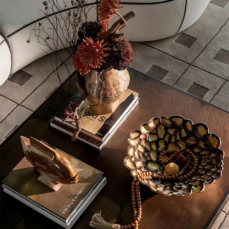 新中式茶几摆件组合中古风美学空间样板房客厅洽谈桌花艺软装花瓶