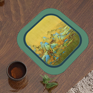 茶席新中式 红木茶几垫千里江山图吸水皮革桌垫垫子桌布桌旗茶杯垫