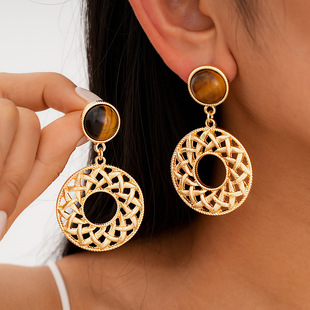 欧美银针圆形虎眼石镂空耳钉复古宫廷风耳环轻奢高级感耳饰女