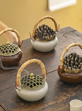 禅意复古提梁盘香炉陶瓷摆件家居茶室远山香薰炉香道仿古吉祥香炉