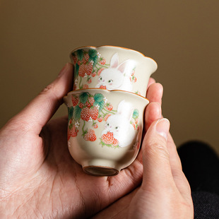 中式 米黄汝窑开片可养陶瓷茶杯花口杯功夫茶具主人杯品茗杯闻香杯