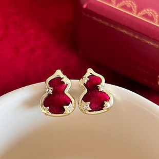 耳饰 潮红色喜庆新年耳钉过年戴 新中式 红色葫芦耳环女2026年新款