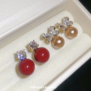 银针锆石蝴蝶结珍珠耳钉法式 复古气质耳坠耳环轻奢高级感小众耳饰