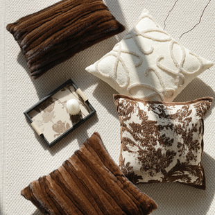 棕色毛绒沙发抱枕套不含芯样板房轻奢靠枕床头靠垫腰靠背柔软腰枕