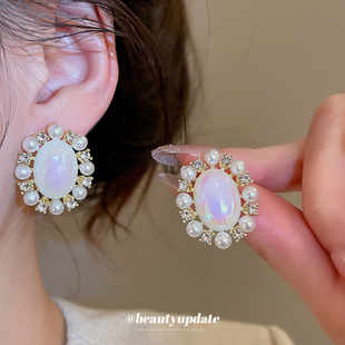 银针镶钻椭圆形珍珠耳钉复古时尚 优雅气质耳环轻奢高级感小众耳饰