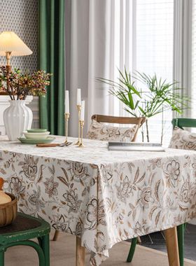 桌布花朵印花餐桌布田园布艺棉布黄色长方形花卉印花家用复古