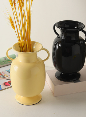 简约现代奶黄色陶瓷双耳花瓶 北欧ins风插花花器桌面摆件工艺品