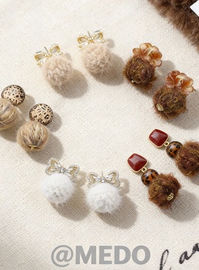 秋冬毛球紫色耳钉甜美少女心耳坠温柔毛绒绒氛围感显脸瘦新款耳饰