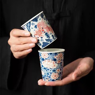大号复古青花茶杯主人杯可乐杯陶瓷功夫品茗杯单杯个人专用茶水杯