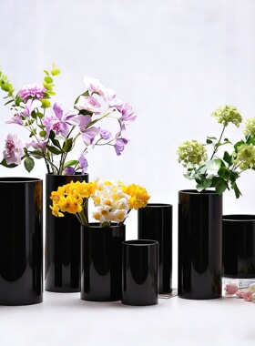 黑色直筒仿玻璃亚克力花瓶家居餐桌花艺婚礼路引轻奢装饰酒店插花