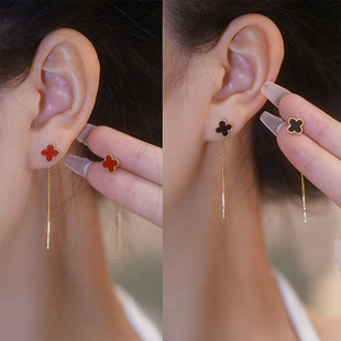 S925银针四叶草耳线轻奢精致小巧耳钉女时尚 链条流苏耳饰 百搭长款