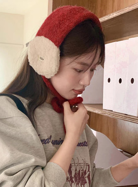 红色韩版拼色耳套毛绒耳罩女冬季保暖防寒骑行护耳系带耳包耳捂子