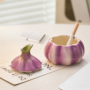 大蒜陶瓷烟灰缸带盖防灰飞创意可爱搞怪客厅家用卧室高级感小众