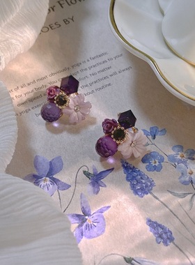 「月上伊藤园」紫色温柔复古耳环优雅小众气质紫水晶花朵耳钉耳夹