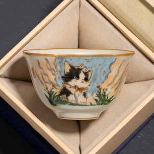 汝窑可爱猫葵口茶杯主人杯陶瓷个人专用品茗杯开片冰裂釉茶盏