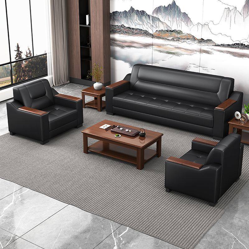 真皮办公室沙发简约现代商务会客接待休闲三人位茶几组合套装皮艺