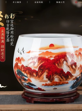 景德镇陶瓷鸿运当头聚宝盆中式客厅家居摆件创意桌面玄关鱼缸摆件