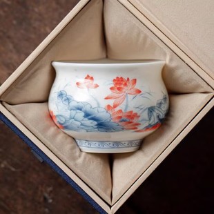 轻奢高档荷趣羊脂手绘玉素烧主人杯白瓷茶杯礼盒装 品茗杯荷花金线