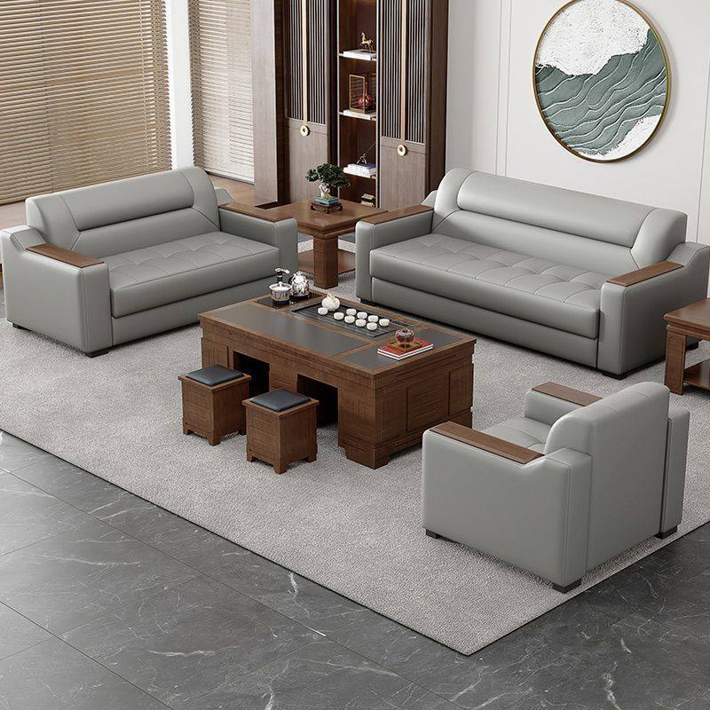 真皮办公室沙发简约现代商务会客接待休闲三人位茶几组合套装皮艺
