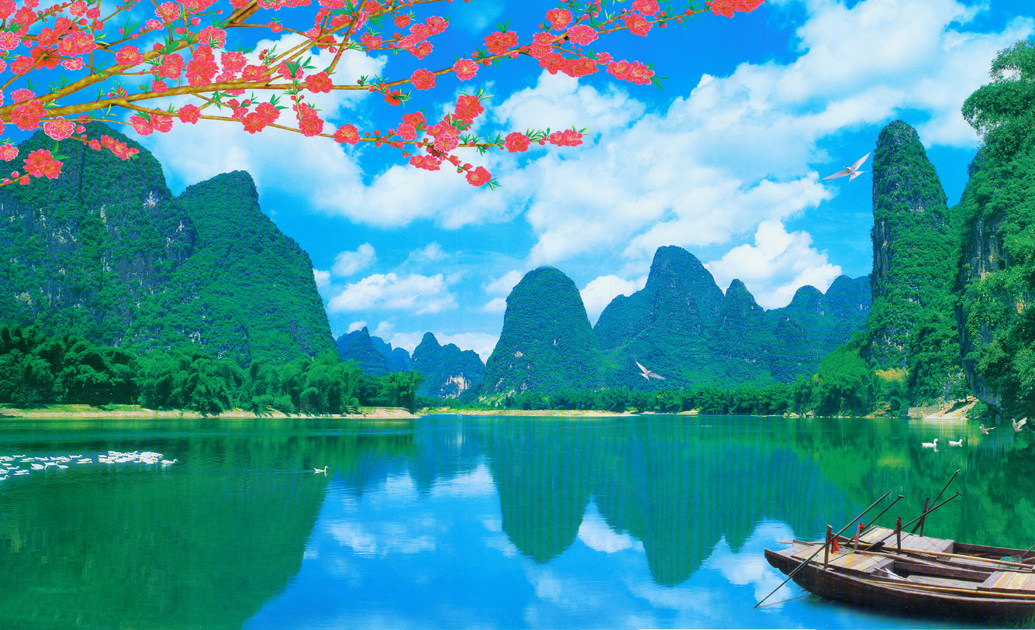 河流山水湖泊自然山水风景海报流水生财招财画湖光山色中堂画143c