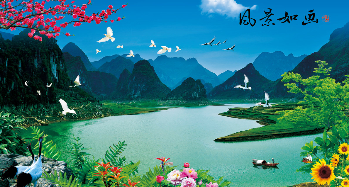 河流山水湖泊自然山水风景海报流水生财招财画湖光山色中堂画154c